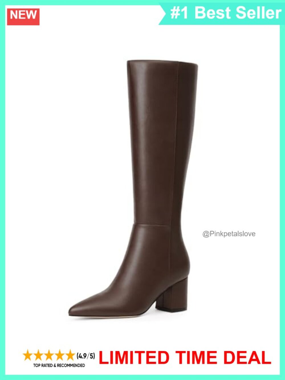 Faux Leather Knee High Boots Pointed Toe Low Block Heel Zip Tall